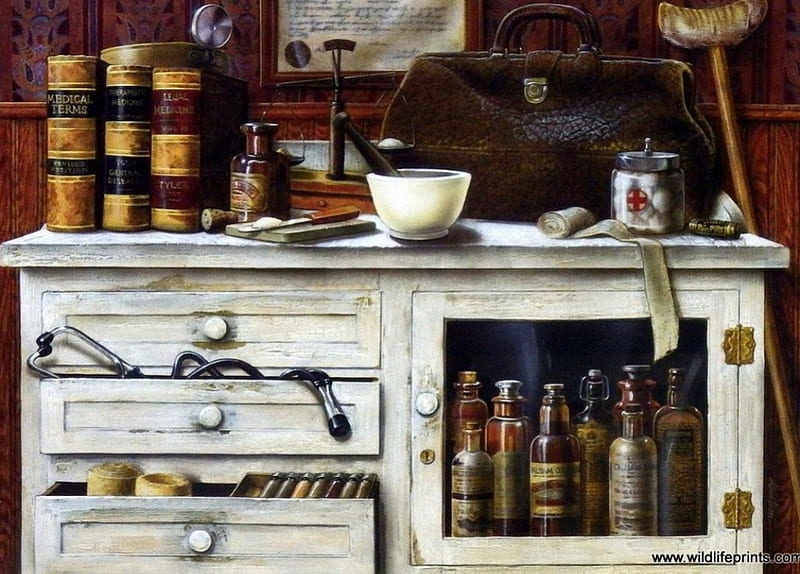 Old Time Remedies, doctor, cabinet, books, utensils, painting, bottles, artwork, HD wallpaper