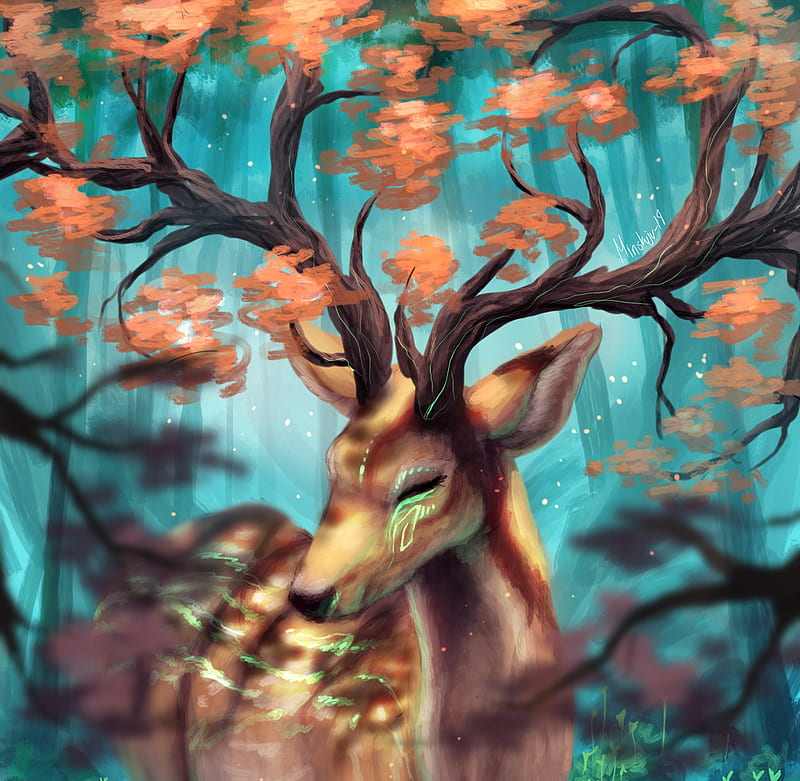 Deer, cerb, fantasy, orange, luminos, minea juntura, blue, horns, autumn, HD wallpaper