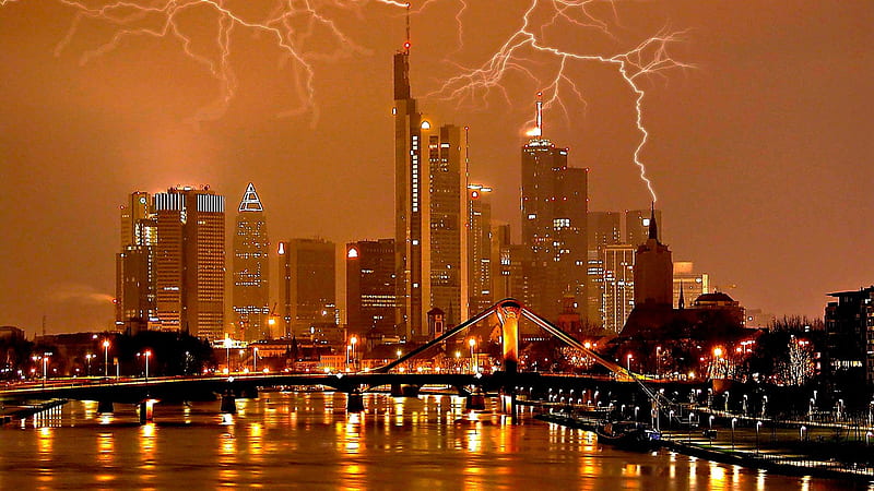 STORMY NIGHT, city, lightning, germany, frankfurt, storm, lights, night, HD wallpaper