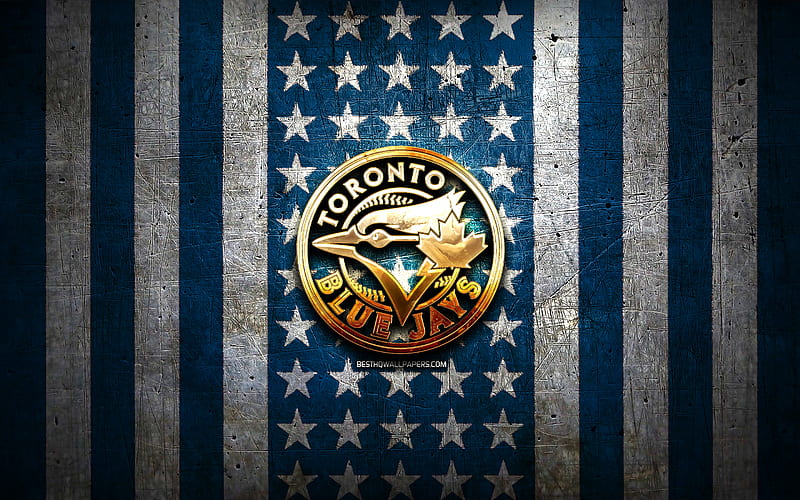 Toronto Blue Jays flag, MLB, blue white metal background, canadian baseball team, Toronto Blue Jays logo, USA, baseball, Toronto Blue Jays, golden logo, HD wallpaper