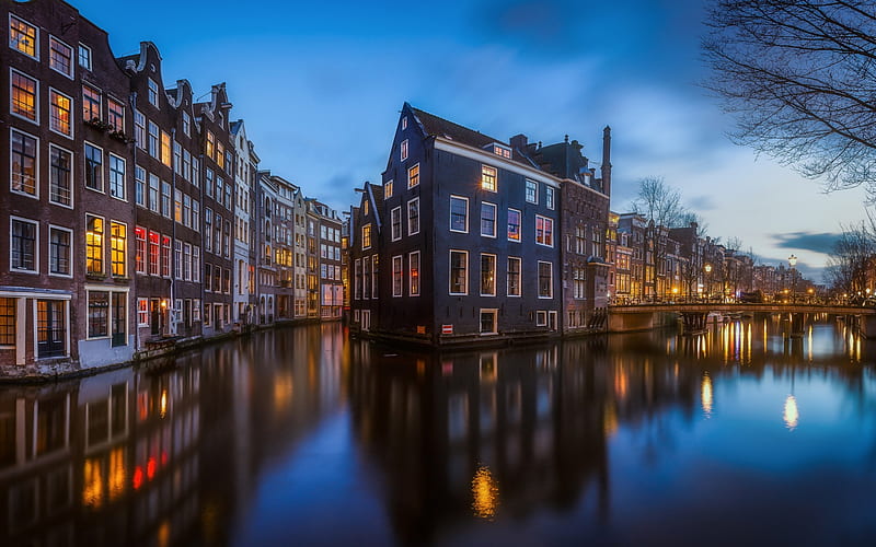 Amsterdam, evening, city lights, canals, Netherlands, old city, houses in the water, HD wallpaper