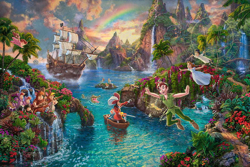 Peter Pan's Never Land, art, luminos, thomas kinkade, fantasy, peter pan, painting, never land, pictura, disney, HD wallpaper