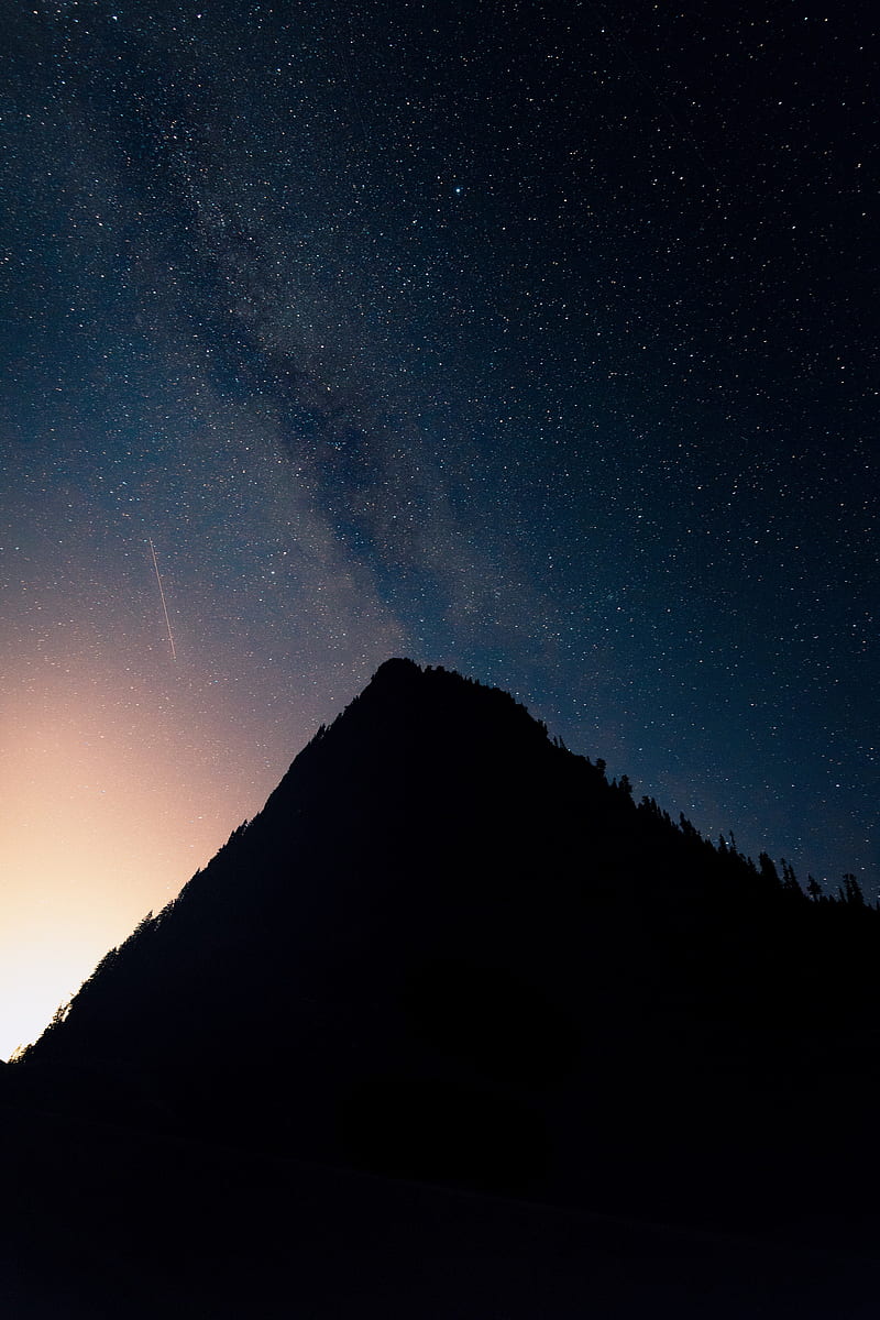 mountain, peak, silhouette, starfall, stars, night, HD phone wallpaper