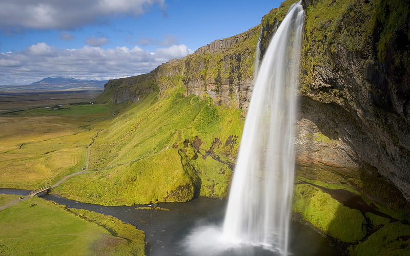 Nature, Water, Grass, Sky, Waterfalls, Waterfall, Earth, Cloud, Iceland, Seljalandsfoss, HD wallpaper