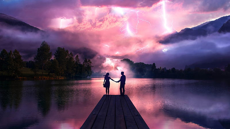 Electric Love Couple Holdings Hands At Pier, love, couple, lightning, HD wallpaper