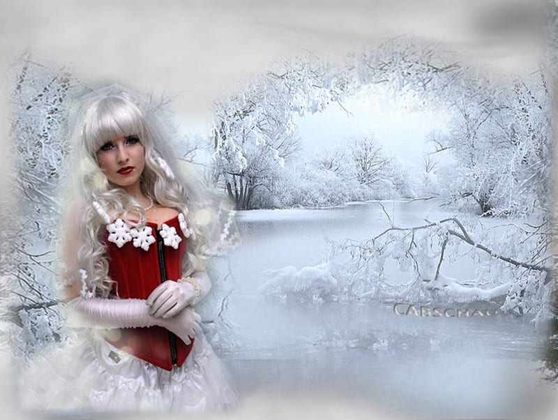 Lady Winter, red, Snow, trees, woman, artwork, HD wallpaper | Peakpx