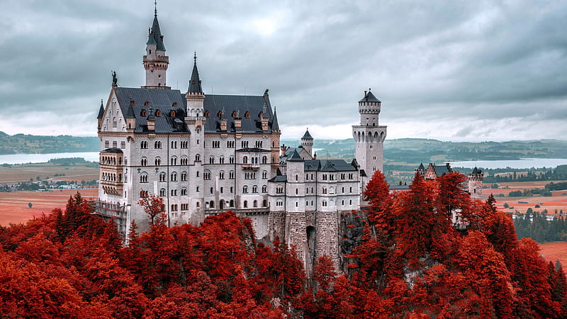castle, scenic, red foliage, dark weather, Landscape, HD wallpaper