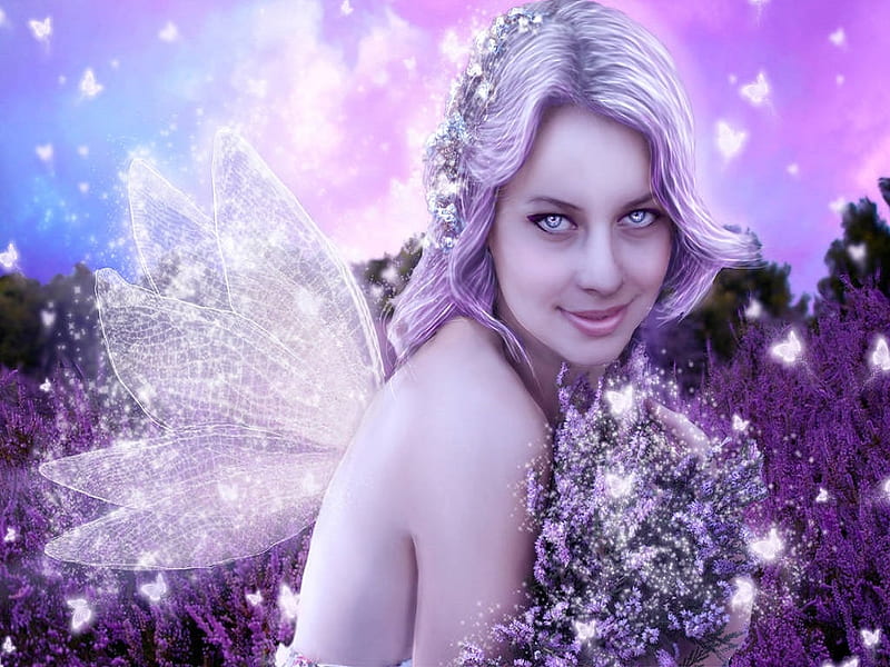 Butterfly Fairy, wings, girl, purple, flowers, butterflies, trees, pink, sky, beauty, HD wallpaper