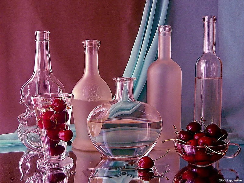 CHEERY CHERRY STILL LIFE, fruit, glass, still life, dressing table, decoration, arrangement, bottles, pink, HD wallpaper