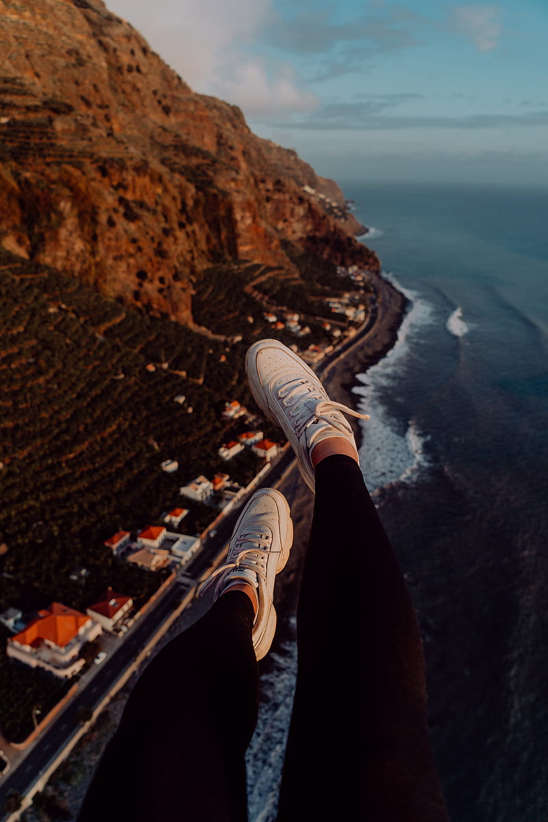 legs, sneakers, city, aerial view, coast, mountains, HD phone wallpaper