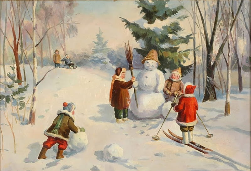 Children playing in Snow, children, playing, snow, winter, HD wallpaper