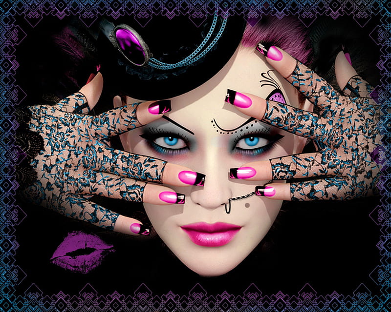 A Gothic Love Affair, gloves, gothic, fishnet, woman, lipstick, blue eyes, HD wallpaper