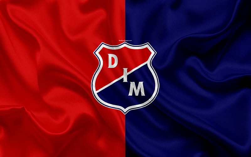 Deportivo Independiente Medellin, DIM logo, Colombian football club, silk texture, red blue flag, Categoria Primera A, Medellin, Colombia, football, Liga Aguila, HD wallpaper