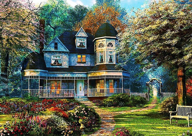 Idyllic Home, house, painting, flowers, path, garden, trees, artwork, HD wallpaper