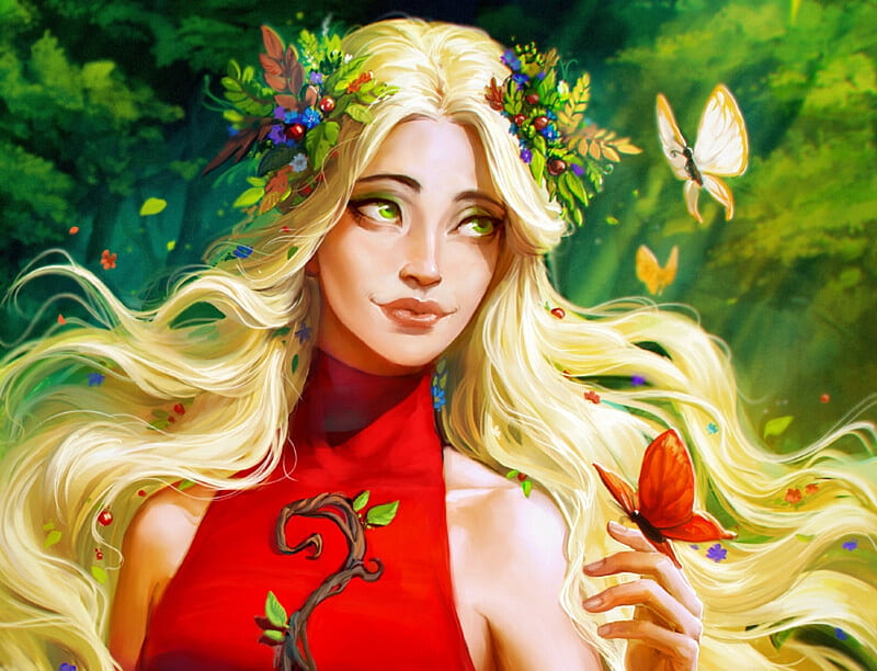 Fairy, exellero, red, fantasy, girl, green, blonde, HD wallpaper