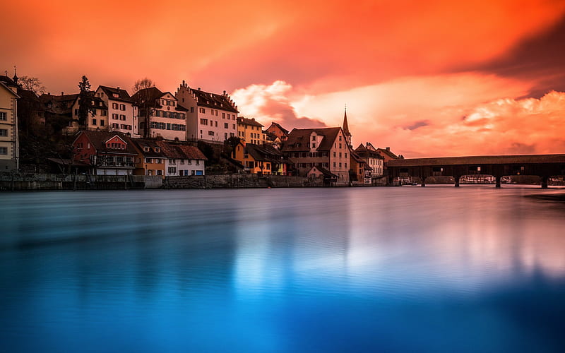 Diessenhofen, evening, sunset, Rhine river, Diessenhofen cityscape, Switzerland, Canton of Thurgau, HD wallpaper