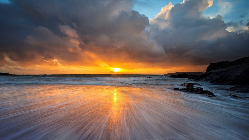 fantastic sunset over mystical beach, beach, horizon, sunset, clouds, sea, mist, HD wallpaper