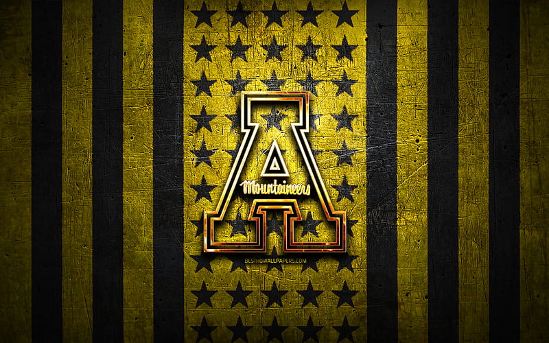 Appalachian State Mountaineers flag, NCAA, yellow black metal background, american football team, Appalachian State Mountaineers logo, USA, american football, golden logo, Appalachian State Mountaineers, HD wallpaper