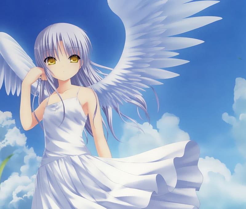 Angel, cute, wings, anime, silver hair, HD wallpaper
