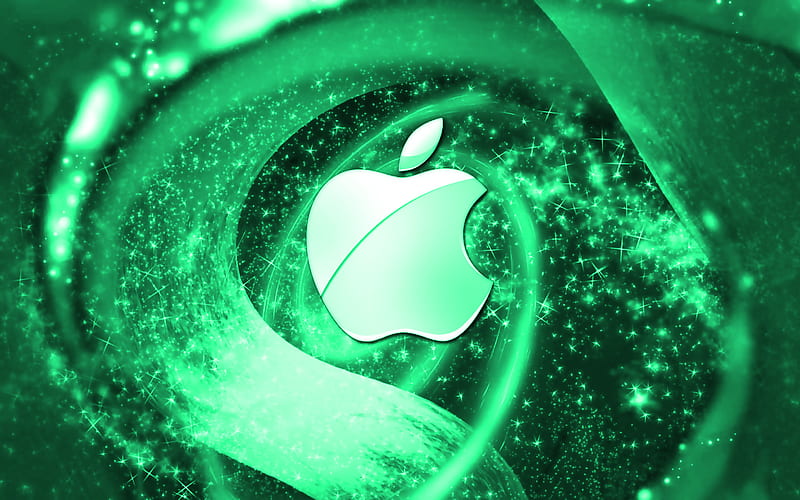 Apple turquoise logo, space, creative, Apple, stars, Apple logo, digital art, turquoise background, HD wallpaper