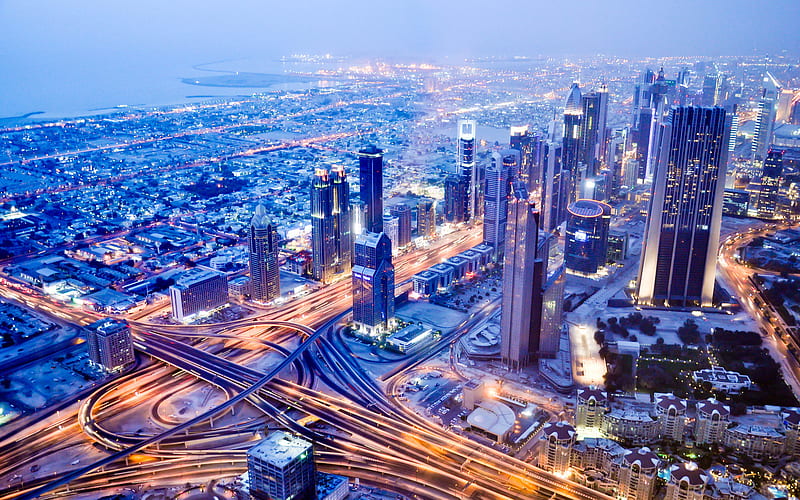 Dubai, night, UAE, city panorama, skyscrapers, city lights, modern city, way, HD wallpaper