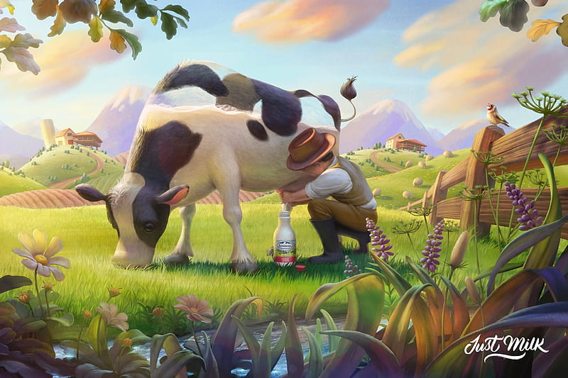Just milk, art, cow, man, animal, hat, oscar ramos, add, green, vaca, commercial, HD wallpaper