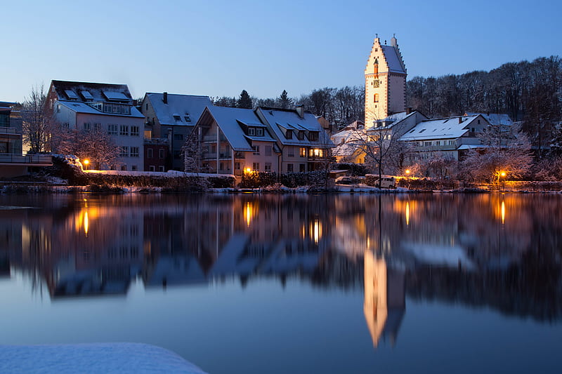 Towns, Town, Baden-Württemberg, Building, Germany, House, Lake, Reflection, Tower, Winter, HD wallpaper