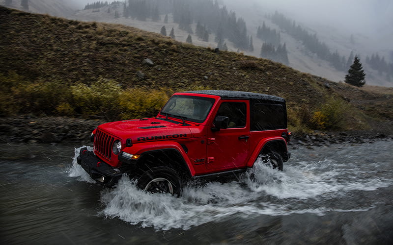2018, Jeep Wrangler Rubicon, red SUV, riding on the river, off-road, new red Wrangler Rubicon, American cars, USA, Jeep, HD wallpaper