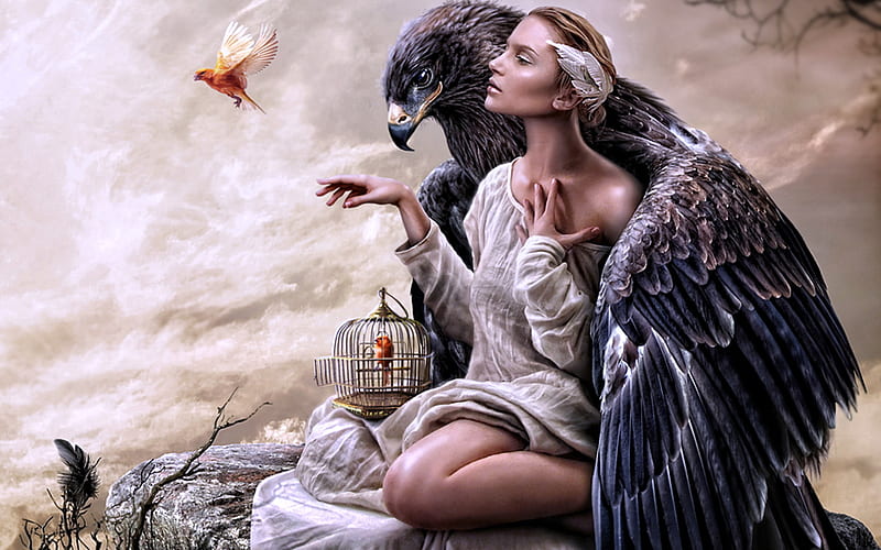 Farewell, big bird, wings, cage, birds, dom, woman, fairy, HD wallpaper