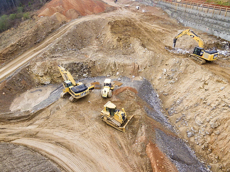 top view graphy of four heavy equipment on quarry at daytime, HD wallpaper
