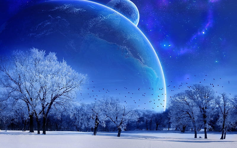 Wintermoons, winter, planets, galaxy, winter moon, universe, cold, beautiful, wintermoon, universal, scenery, moon, fantasy, snow, space, moons, HD wallpaper