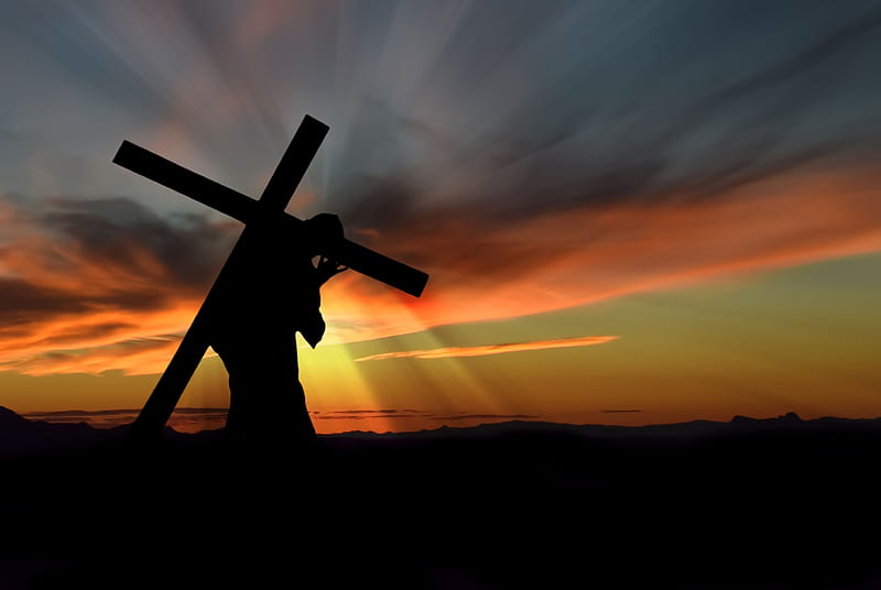 Carrying the cross, christ, jesus, sunset, cross, HD wallpaper