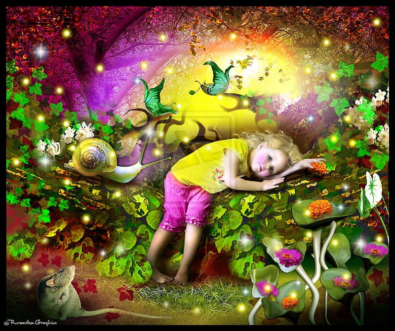 ✼Pretty & Lovely Tracy✼, pretty, grass, children, sweet, sparkle, fantasy, splendor, manipulation, love, emotional, landscapes, flowers, forests, childs, butterfly designs, lovely, models, birds, creative pre-made, trees, cute, cool, shining, rat, colorful, glow, rats, woods, bonito, digital art, leaves, people, girls, scenery, animals, female, snail, colors, butterflies, Tracy, plants, mouses, ivy, HD wallpaper