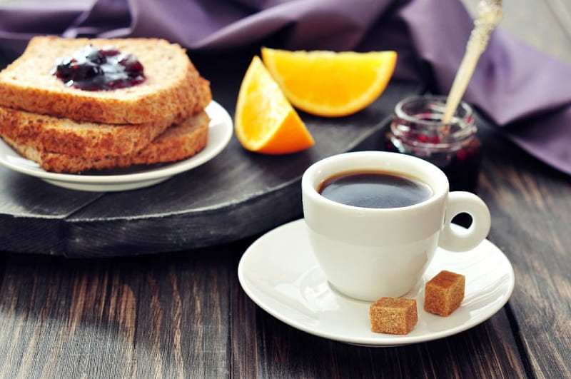 Special Morning, orange, food, sugar, bread, slices, meals, jam, lunch, coffee, cup, toasts, HD wallpaper
