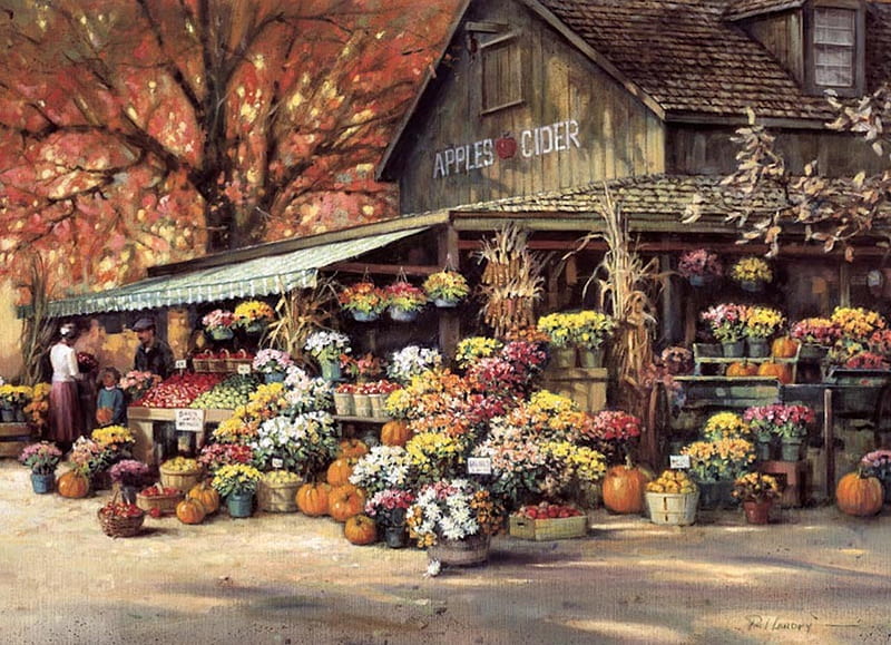 The Autumn Market, autumn, cider, pumpkin, apples, painting, flowers, vegetables, market, HD wallpaper