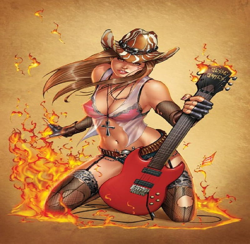 Hot Rocker, stocking, cowboy hat, fire, woman, HD wallpaper