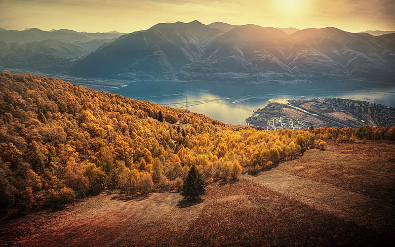 Lake Maggiore, Alps, mountains, autumn, mountain landscape, yellow forest, Ticino, Locarno, Switzerland, HD wallpaper