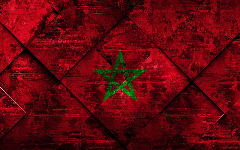 Flag of Morocco grunge art, rhombus grunge texture, Morocco flag, Africa, national symbols, Morocco, creative art, HD wallpaper
