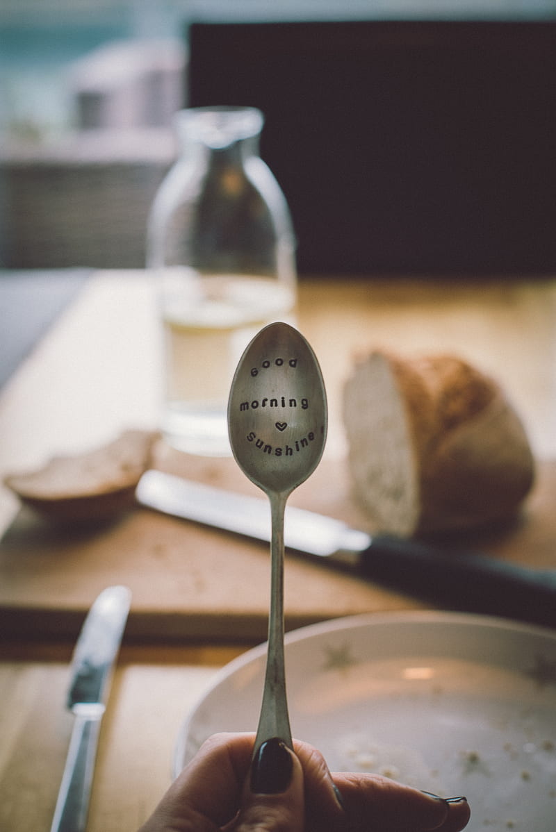 spoon, inscription, mood, morning, dishes, breakfast, HD phone wallpaper