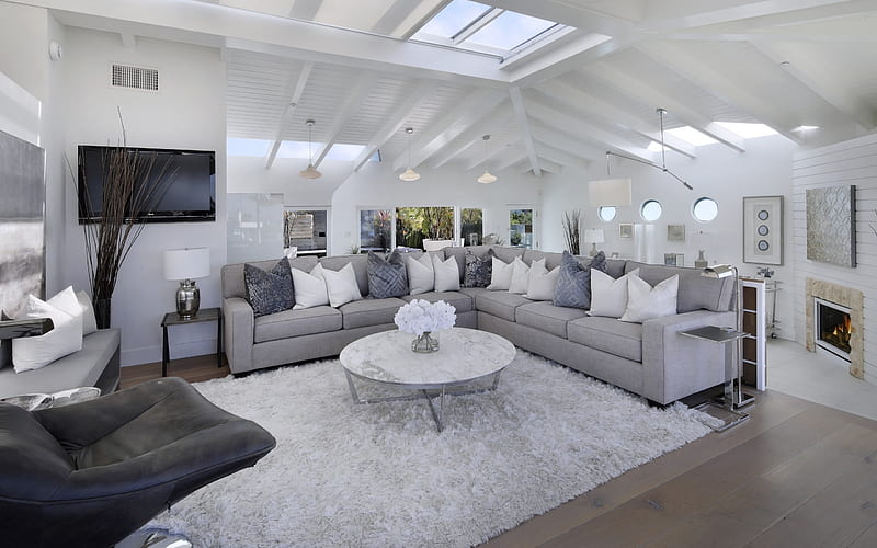 stylish interior of the living room, bright interior, living room, modern design, gray sofa, HD wallpaper