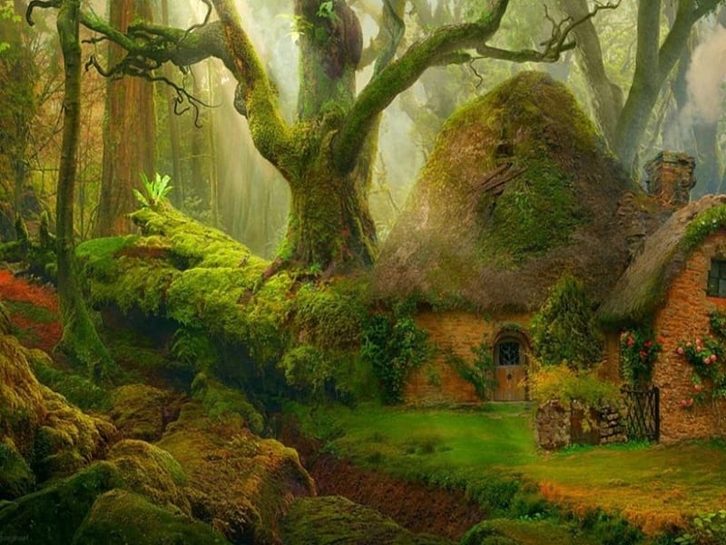 Home of the Leprechauns, Trees, Emerald, Green, Grass, Wood, House, Fantasy, Idyllic, HD wallpaper