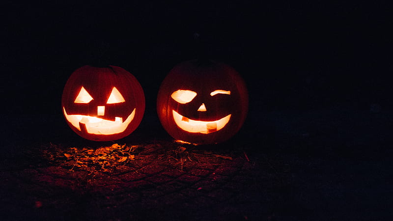 two lighted jack-o-lanterns during night time, HD wallpaper