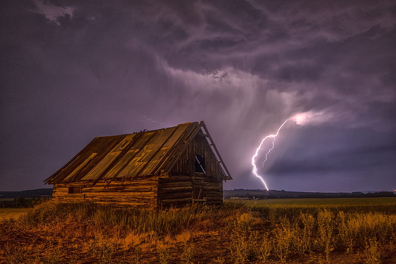 barn, lightning, sky, clouds, HD wallpaper