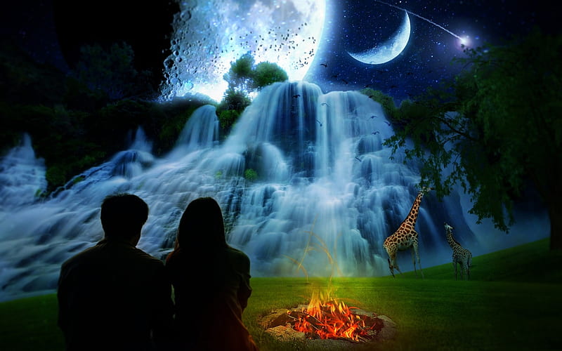 Moonlight, fantasy, moon, moon, waterfall, silhouette, night, couple ...
