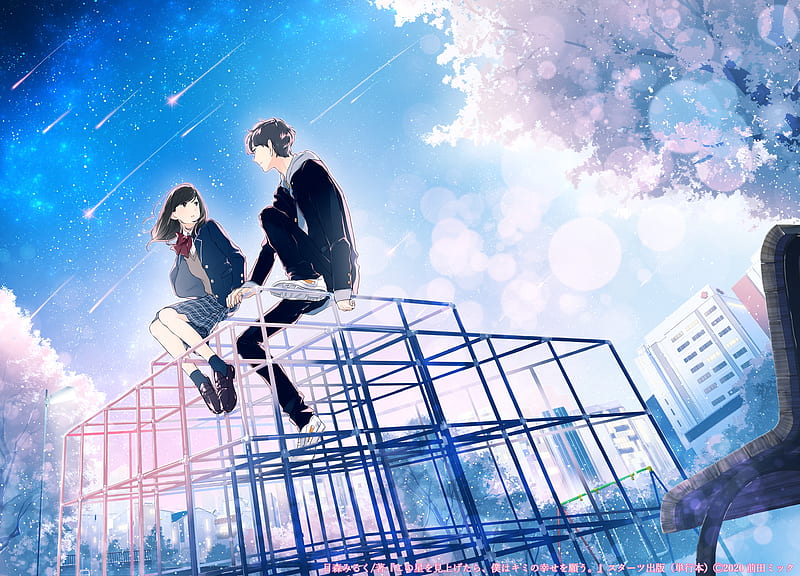 anime couple, park, falling stars, school uniform, high school sweethearts, Anime, HD wallpaper