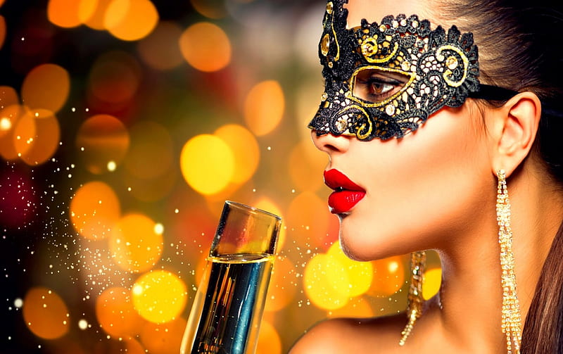 MASQUERADE BEAUTY, carnival, Masquerade, girl, drinks, party, HD wallpaper