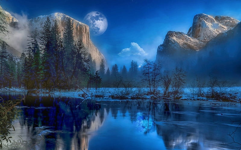Winter Lake, Reflection, Full Moon, Mountains, Winter, HD wallpaper