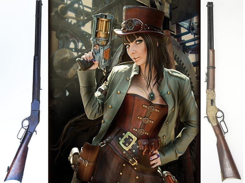 Riverboat Miss, top hat, fantasy, female, gun, leather, jacket, belt, HD wallpaper