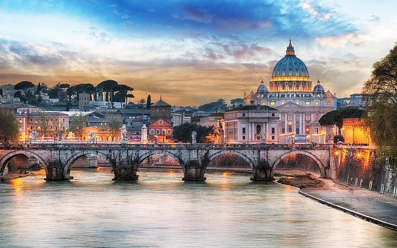 Rome, St Peters Basilica, Italy, bridge, river Tiber, HD wallpaper