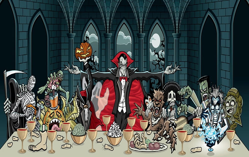 Halloween Feast, skeleton, headless horseman, werewolf, vampire, mummy, HD wallpaper
